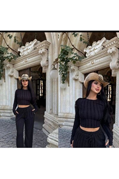 Store Siyah fitilli çorap bluz -bol paça pantolon takım şık ikili set