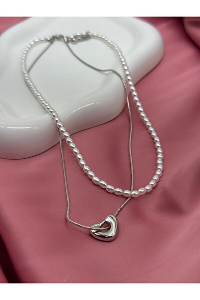 LAYDA قلادة على شكل قلب مزدوج من اللؤلؤ باللون الذهبي والفضي