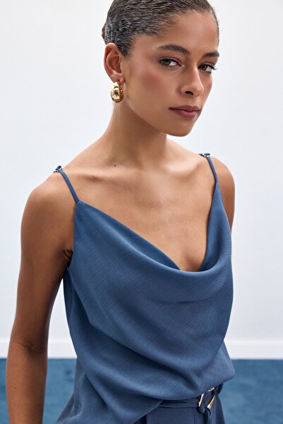 Sateen Degaje Collar Draped Blouse - Indigo