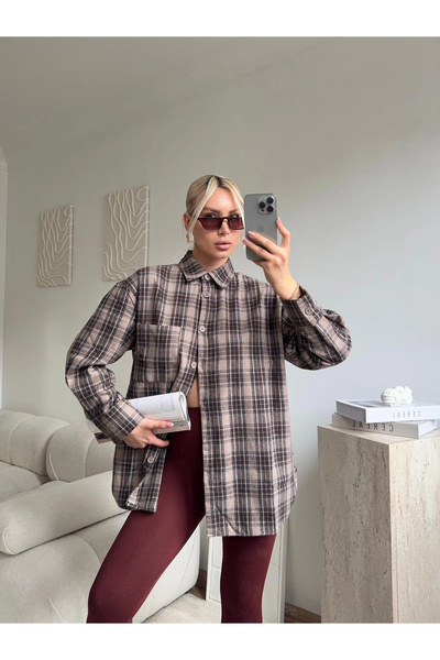 Zora Butik Ekose Oversize Gömlek Ceket - KAHVE
