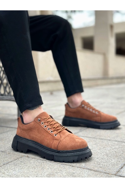 TUGERDİ Tan Suede Smart Rubber Laces High Black Sole Men's Casual Shoes Tge23...