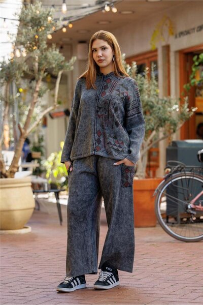 Miss Boheme Gray Color Knitwear Hooded Blouse and Pants Set