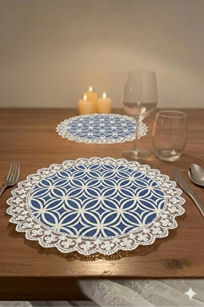 Rona Home Blue and White Geometric Patterned Laced Supla Set - Luxurious Lace...