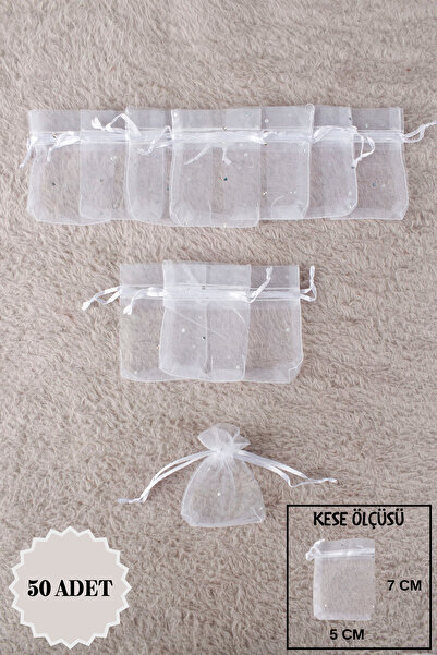 Mortex Beyaz Pul Baskılı Tül Kese 50 Adet 5x7 Cm Kına, Çerez, Kuruyemiş, Hedi...