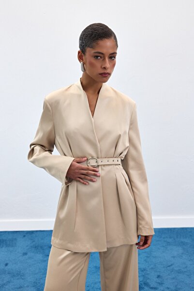 Sateen Lisa Belted Satin Jacket - Stone