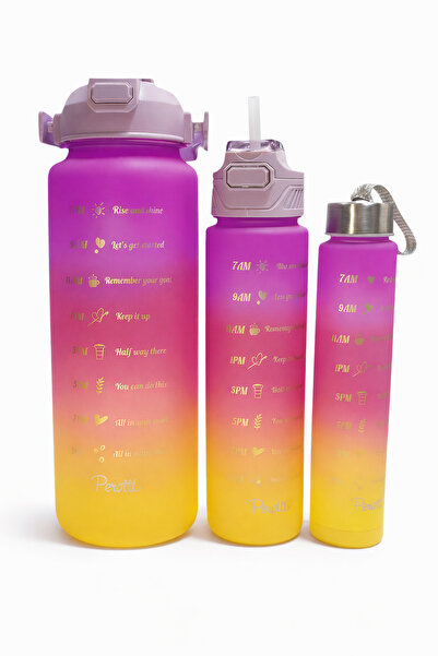 Lascaris 3’lü Set Su Matarası Seti–BPA İçermez, Motivasyonel, Mor&Kırmızı&Sar...