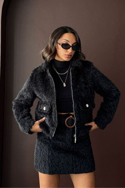 MODA Black Suit Fur-Look Jacket Skirt Set with Belt