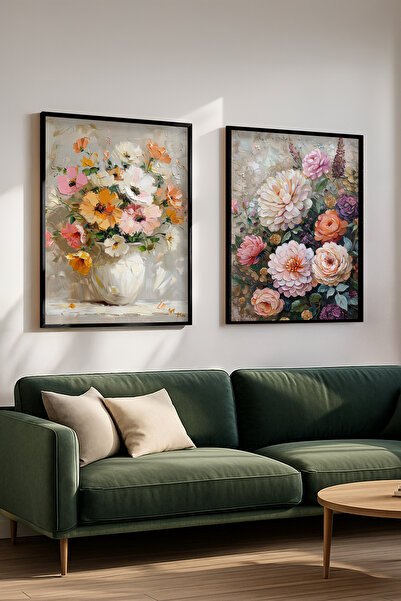 STARYUNA Black Wooden Framed Oil Painting Effect Flower Still Life Double Pai...