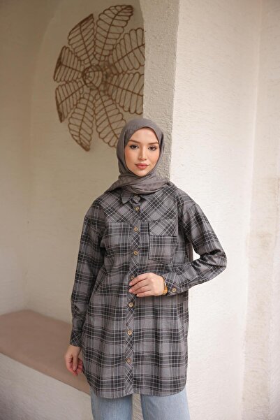Bwest Patterned Pocketed Long Cut Plaid Shirt - (38-46) - 71368 - Gray