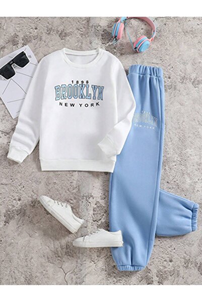 Kids Brooklyn Baskılı Beyaz Bebe Mavi Sweat Eşofman Takım