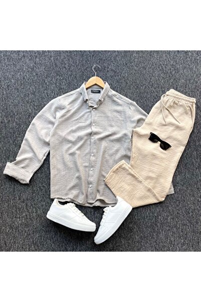 PRİME MODA Men's Crinkle Linen Shirt Pants Set