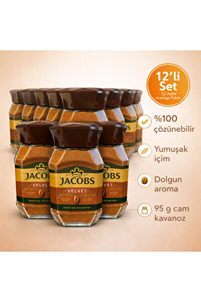 Jacobs Velvet %100 Çözünebilir Kahve 12 Adet x 95 g | Yumuşak İçim, Dolgun Le...