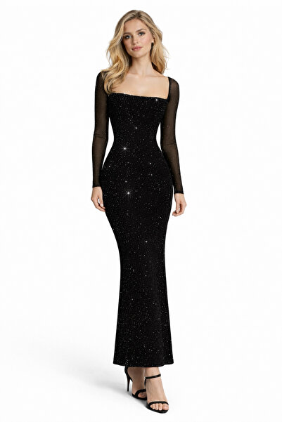 NAYRA LABEL Taş Detaylı Transparan Kollu Siyah Uzun Elbise