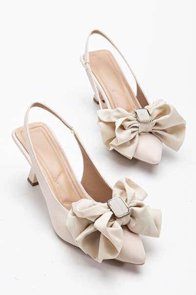 Entella Store Elise Open Back Elastic Beige Satin Bow Women's Heeled Shoes