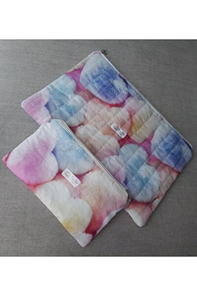 SevAte Handmade 3D Peluş Kalp Desenli Kitap/Tablet Kılıfı + Makyaj Çantası/Or...