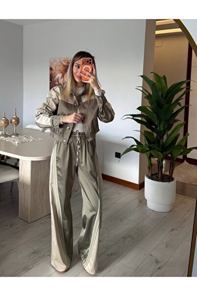 Quzu Şerit Detaylı Tasarım Saten Pantolon Ceket Takım