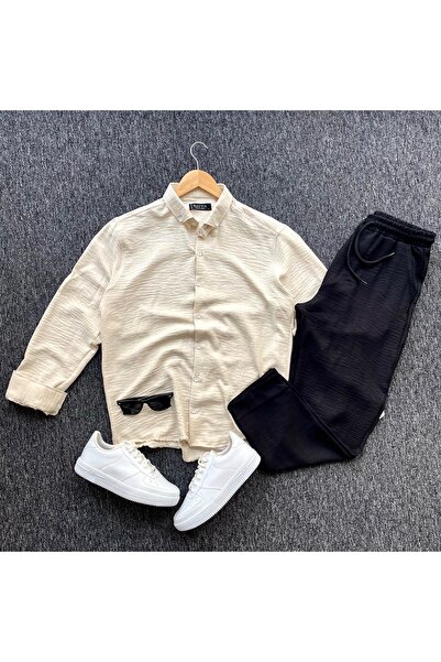 PRİME MODA Men's Crinkle Linen Shirt Pants Set