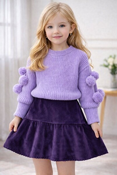 GÜL Baby Girl's Pompon Knitwear Sweater and Velvet Single Set (2 Pieces)