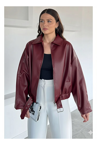 Orions Collection سترة جلدية مزودة بحزام من نيو سيزون قصة فضفاضة – موديل عصري...