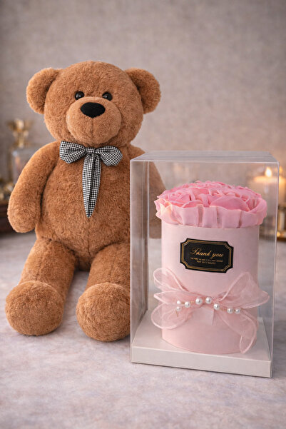 matheon Büyük Boy Peluş Ayıcık ve Şeffaf Kutulu Pembe Yapay Gül Aranjmanı Hed...