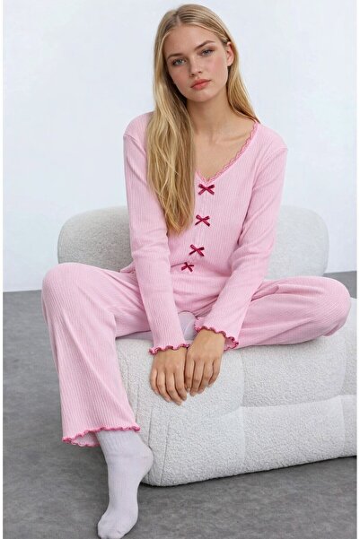 Buklemoda Corded Fabric Knitted Pajama Sets with Cotton Lace and Bow Detail