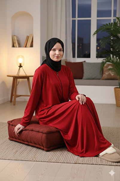 kayde Boydan fermuarlı düz renk esnek kumaş kadın namaz elbisesi ferace