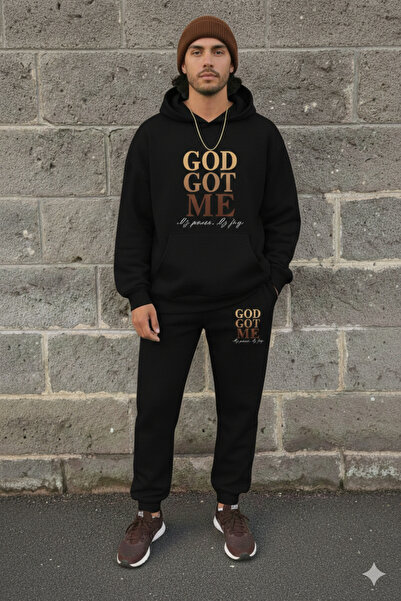 WOODROFFE Unisex'God Got Me' Printed Oversize Hooded Tracksuit Set Loose Fit