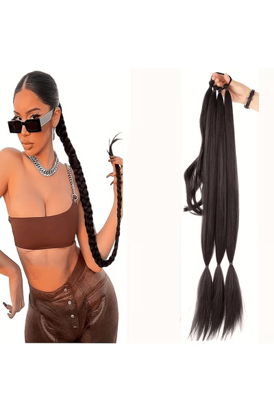 Zeysum Koyu Kahverengi Üçlü Örgü Tokalı At Kuyruğu 70 cm