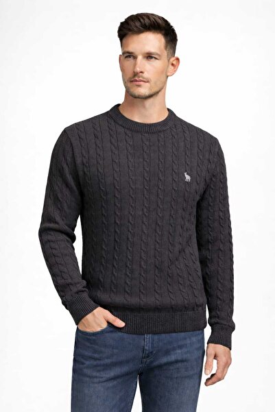 ANATOLIATEKSTILE Men's cable-knit sweater, round collar, embroidered logo, Sl...
