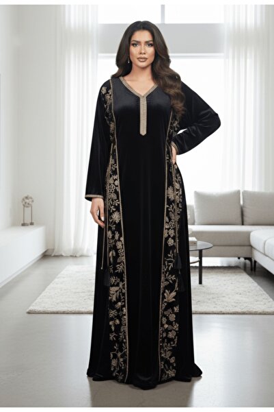 alqarat "The Queen" Navy Velvet Kaftan with Royal Gold Embroidery
