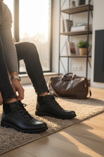 enoch Enoch Genuine Leather Lace-Up Men's Boots with Textile Detail on the Upper