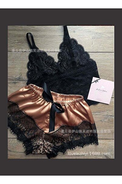 Generic Lace Bra with Bow Tie Shorts Black/Brown