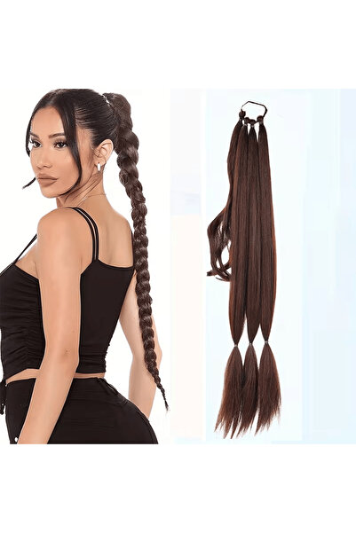 Zeysum Karamel Kahverengi Üçlü Örgü Tokalı At Kuyruğu 70 cm