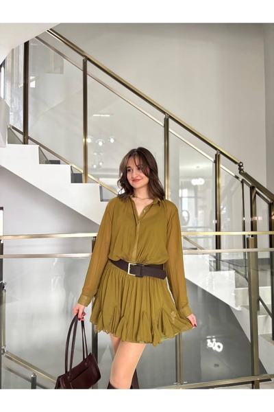 Sude Kızanlıklı Belt Detailed Flounce Chiffon Dress