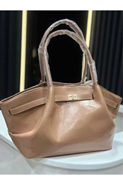 ÖZÜM TAKI Women's Large Size Shiny Shoulder Bag Mokka