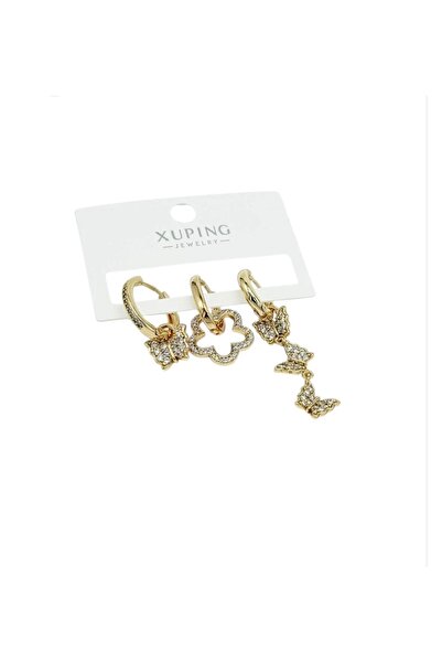 XUPING JEWELRY KUYUMCU SERİ 14K RENGİ ZİRKON TAŞLI SALLANTILI KELEBEK 3LÜ ÇEL...