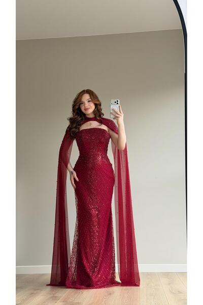 AYŞENUR DİNÇER Elizan Pelerinli Maxi Abiye Bordo