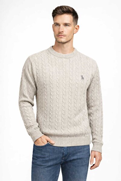 ANATOLIATEKSTILE Men's cable-knit sweater, round collar, embroidered logo, Sl...