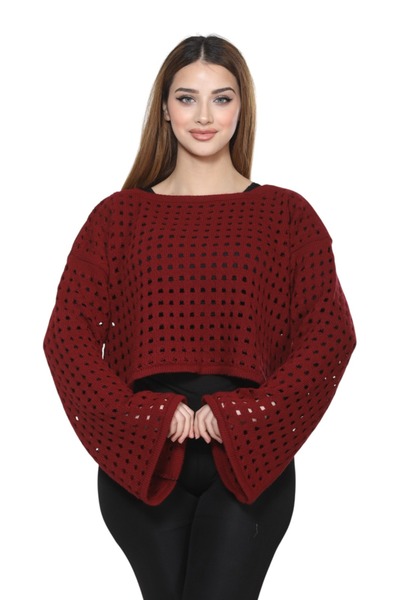 MODASPARK Бордовий іспанський жіночий трикотажний кроп-топ з ажурними рукавами