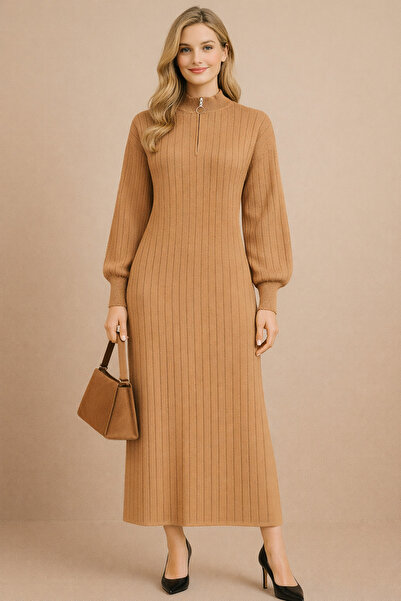 semela Thick Terry Fabric Standing Collar Zippered Knit Dress