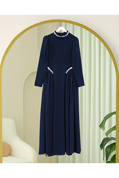 Modamorfo Lined Crepe Dress with Stone Collar and Waist, Tulle Detail on the ...