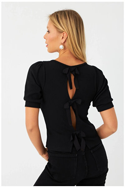 Buklemoda Women's Black Back Bow Camisole Blouse Ey2996