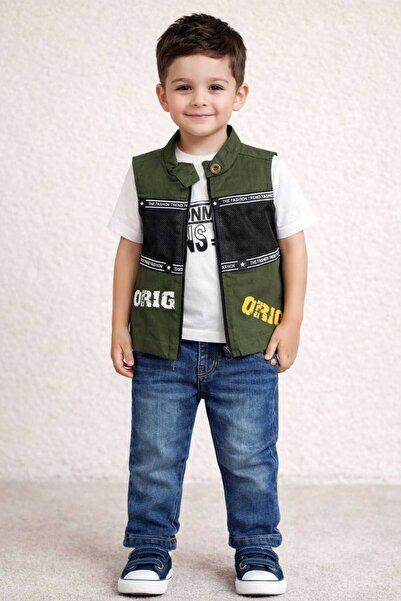 krm kerem bebe Set 3 piese pentru băieți set cu vestă și pantaloni din denim