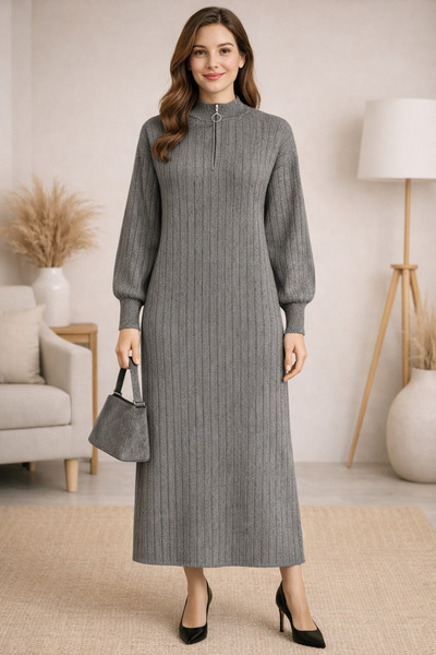 semela Thick Terry Fabric Standing Collar Zippered Knit Dress