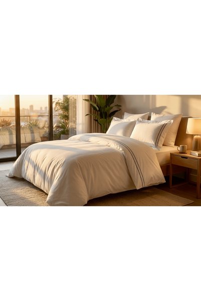 Butikhome by Egemar Aspen Navy Blue Piping Intermediate Guipure Modern Off-White 6-Piece Boxed Duvet Cover Set Boat Bedspread