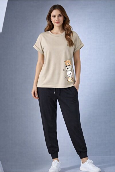 x-compass life Genis Kesim Cotton T-Shirt and Tracksuit Set with Yandan Aycik...