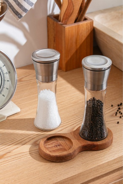 BuradaBuldun مطحنة ملح وفلفل زجاجية مع حامل خشبي |   غطاء من الفولاذ المقاوم ...