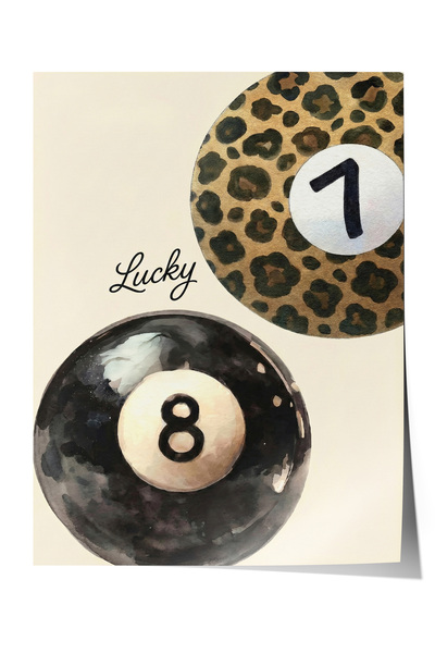 Zestia Poster Lucky Yazılı Leopar Desenli Bilardo Topu Sulu Boya Salon Dekoru