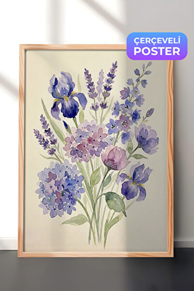 Zestia Ahşap Çerçeveli Duvar Tablosu Mor Lavanta ve Süsenlerin Bahar Buketi S...