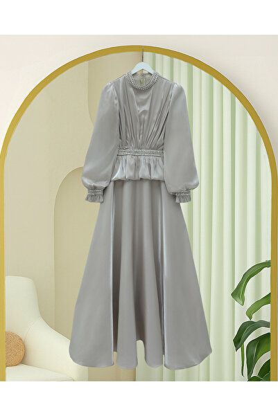 Modamorfo Beli Volan Detailed Stoned Janjan Satin Evening Dress - Stone